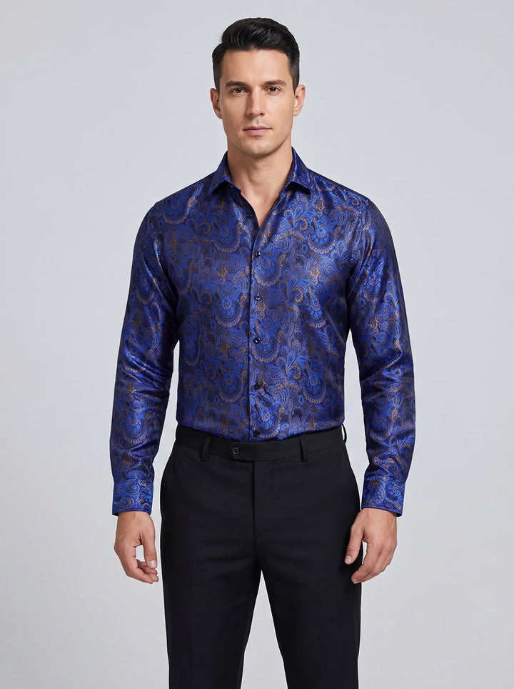 Men's paisley jacquard satin shirt in royal blue