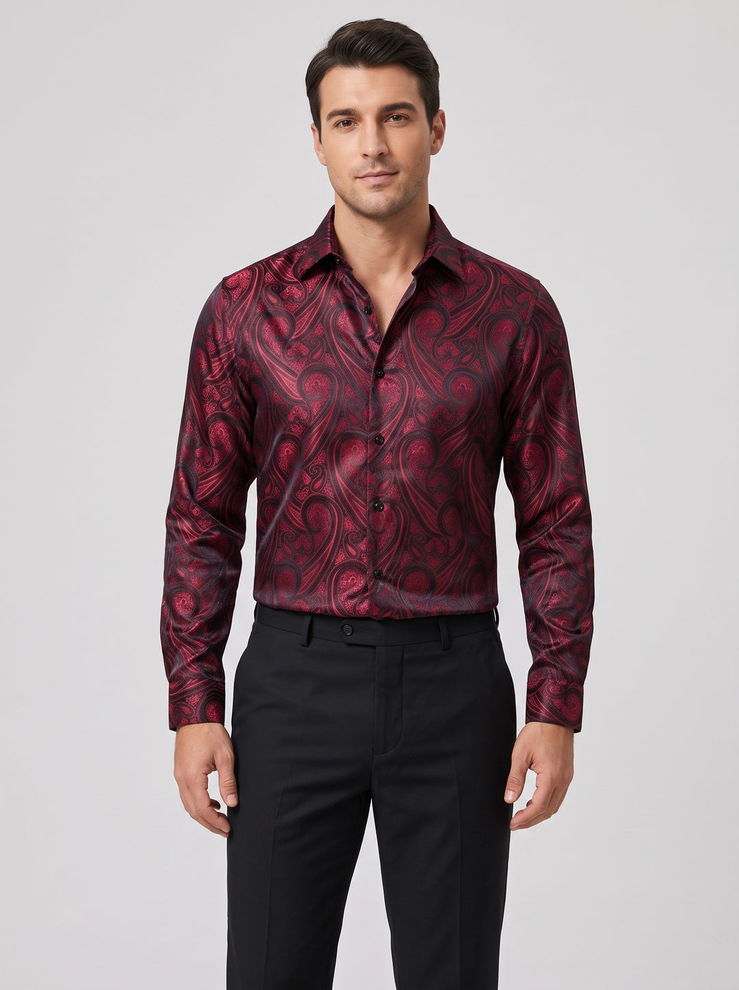 Men's paisley jacquard satin shirt in wine red