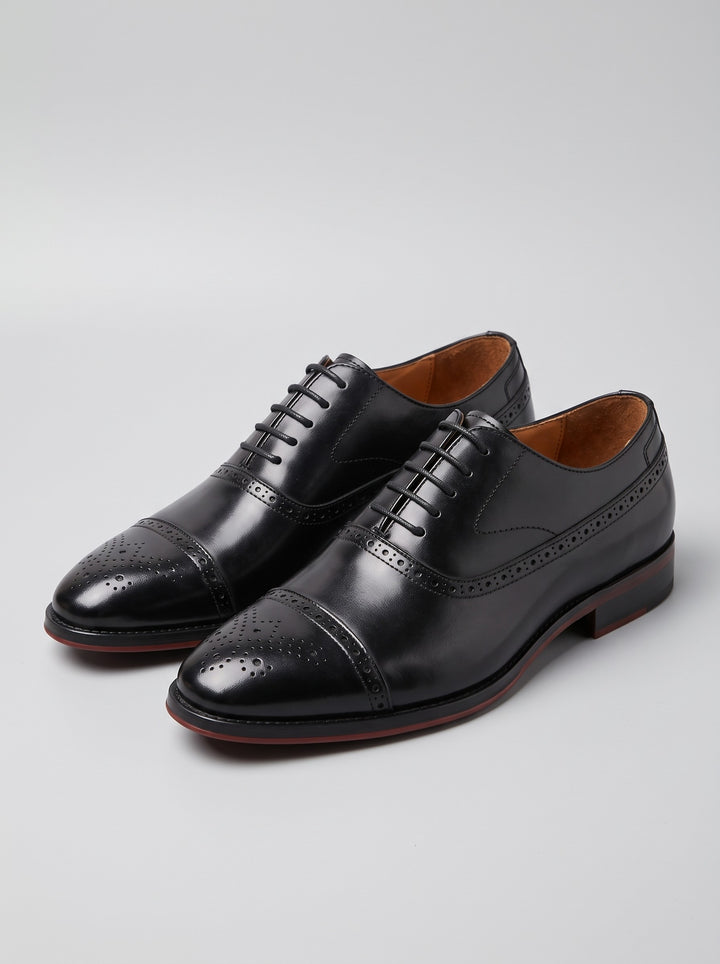 Men's leather cap toe brogue oxford shoes in black