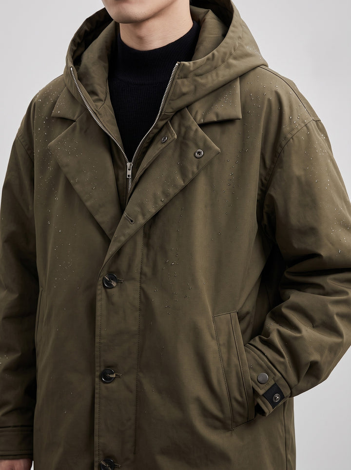 Men's longline hooded waterproof raincoat in green