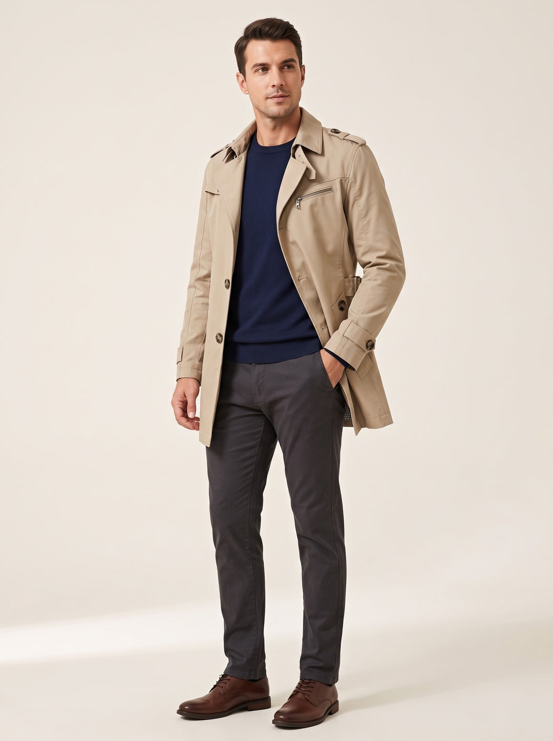 Men's single-breasted fleece lined trench coat in beige