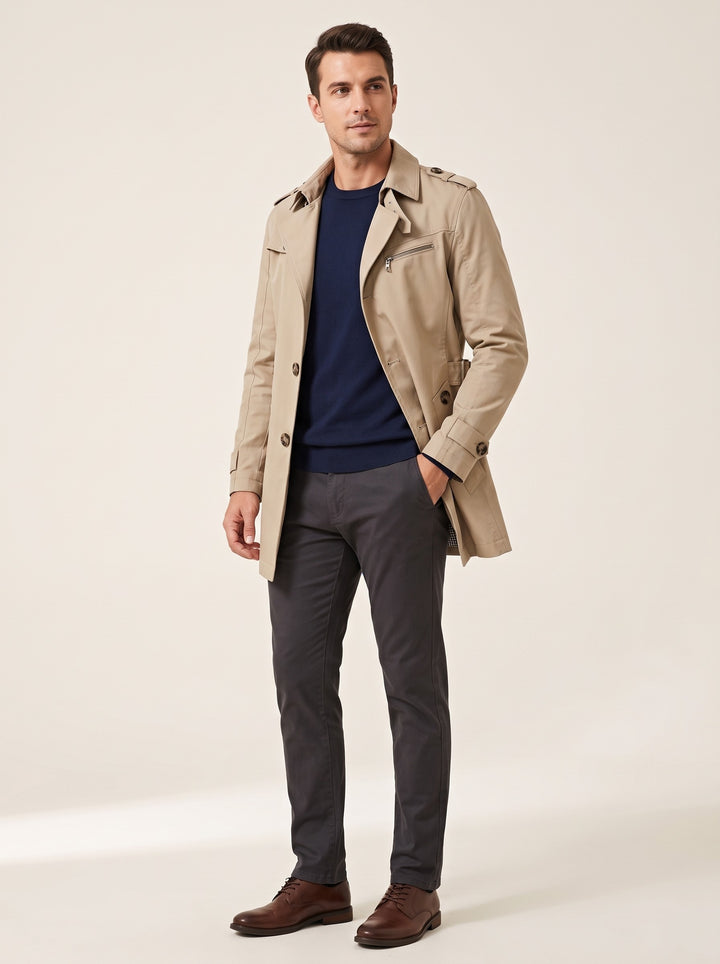 Men's single-breasted fleece lined trench coat in beige