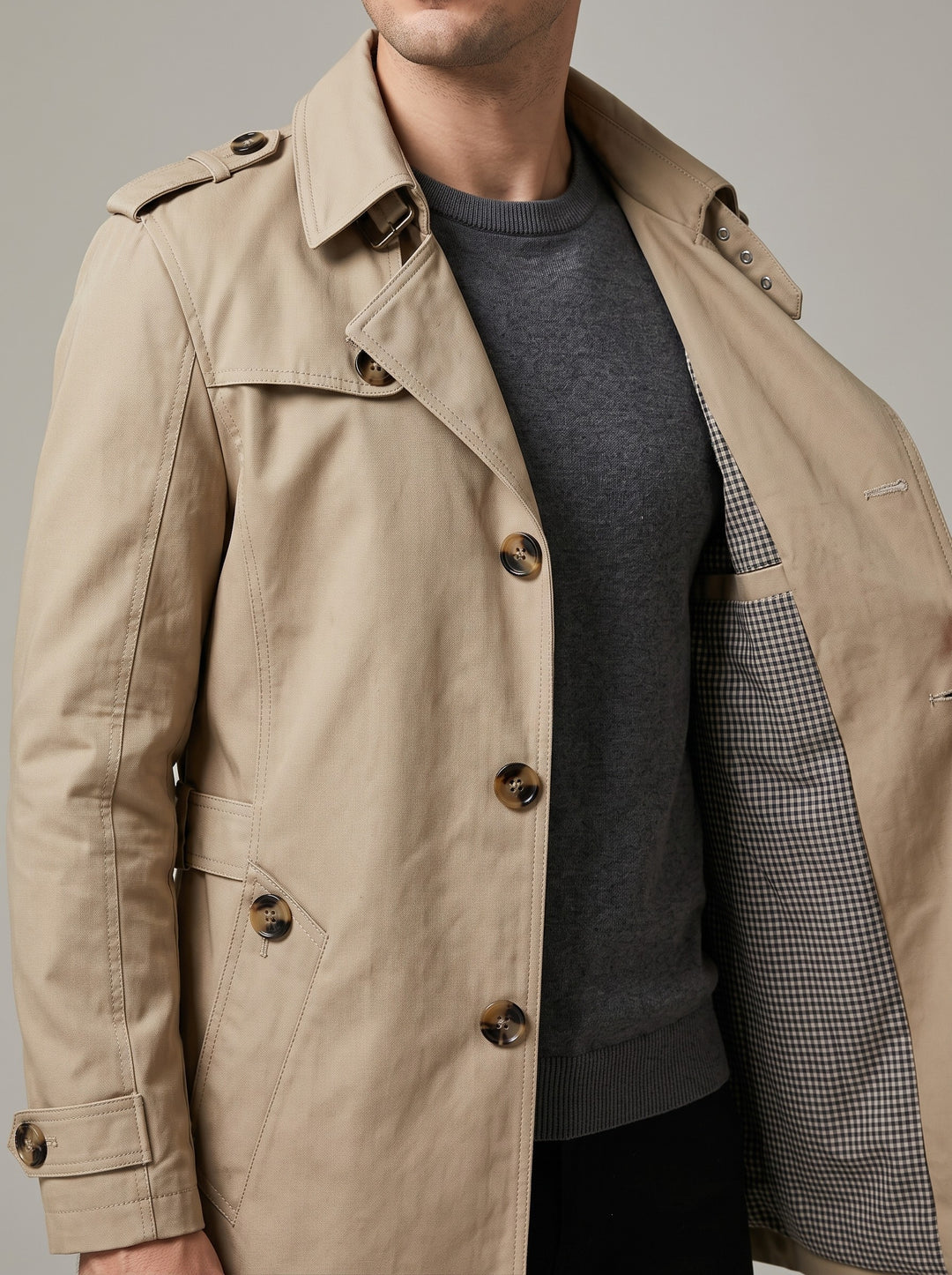 Men's single-breasted fleece lined trench coat in beige