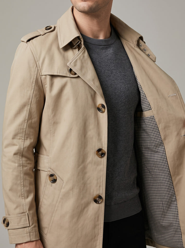 Men's single-breasted fleece lined trench coat in beige