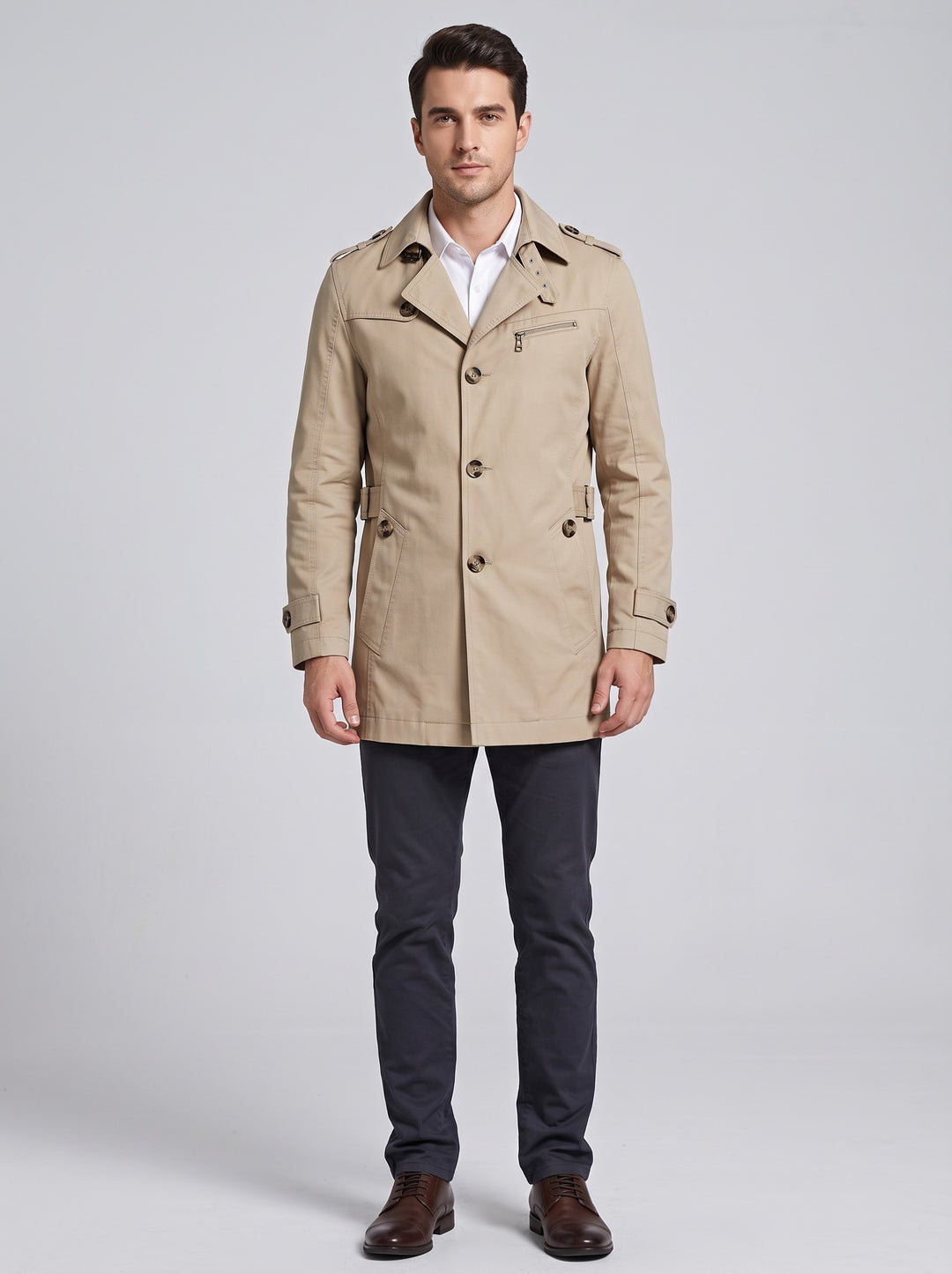 Men's single-breasted fleece lined trench coat in beige