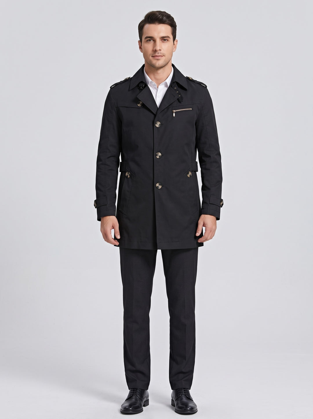 Men's single-breasted fleece lined trench coat in black