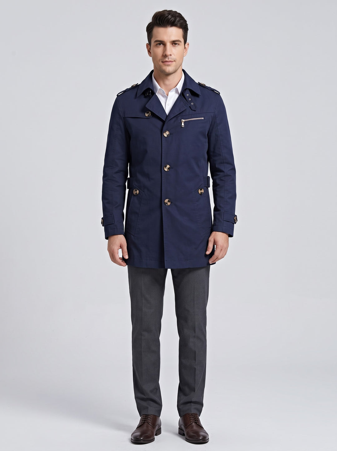 Men's single-breasted fleece lined trench coat in navy