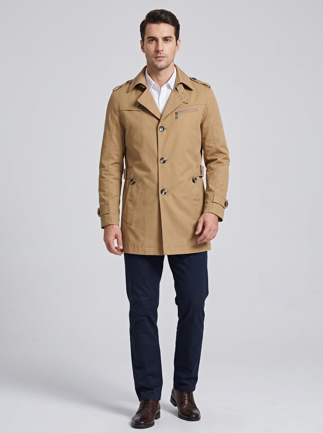 Men's single-breasted fleece lined trench coat in khaki