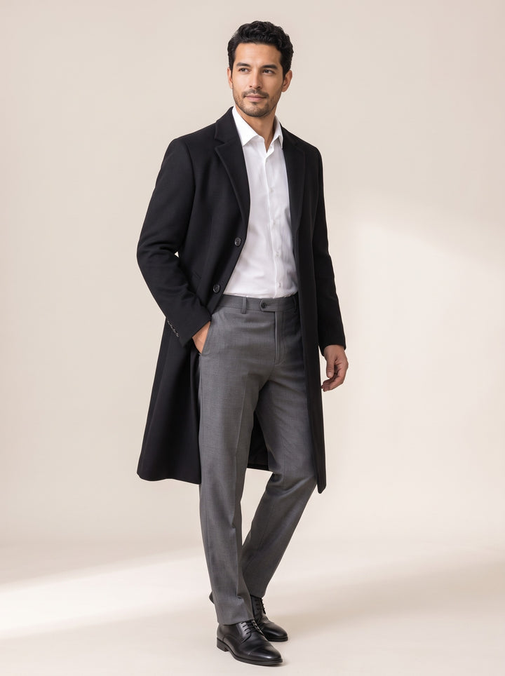 Men's slim fit single-breasted topcoat in black
