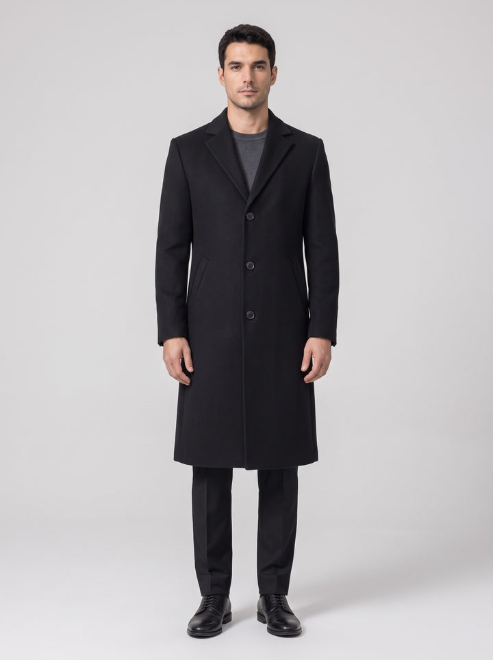 Men's slim fit single-breasted topcoat in black