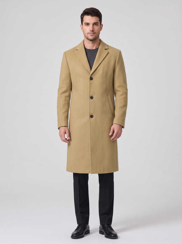 Men's slim fit single-breasted topcoat in khaki