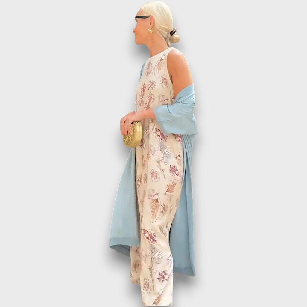 Women's floral maxi dress with long open-front cardigan