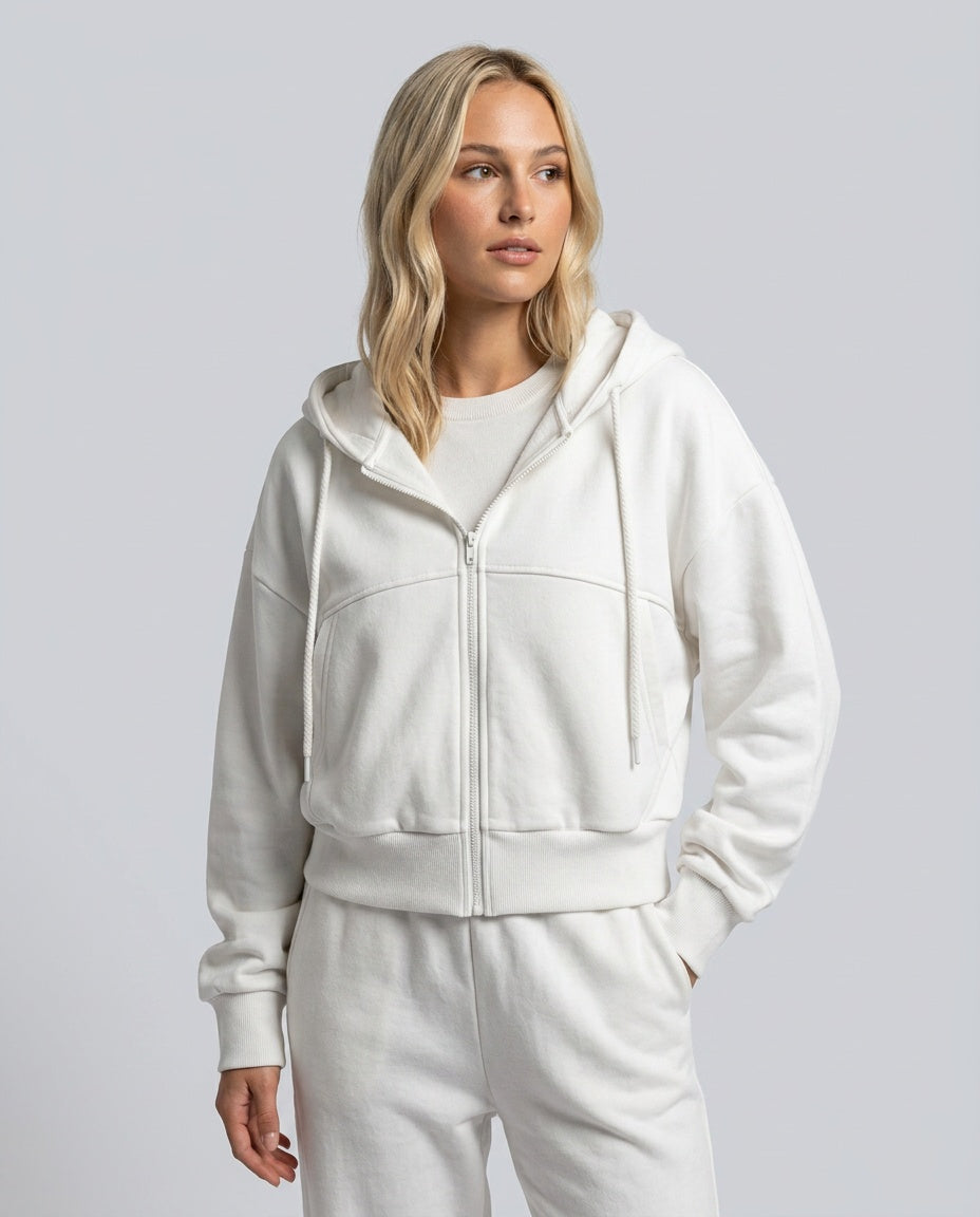 Women's cropped hooded zip-up hoodie with long sleeves and front pockets