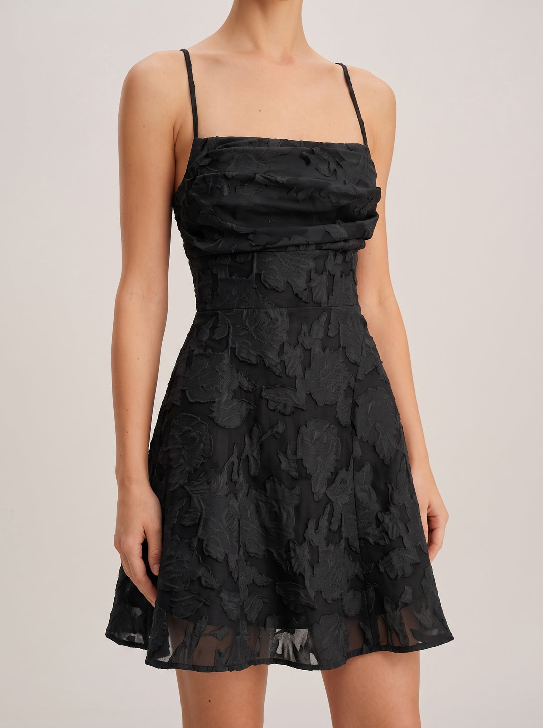 Women's jacquard mini dress with spaghetti straps in black