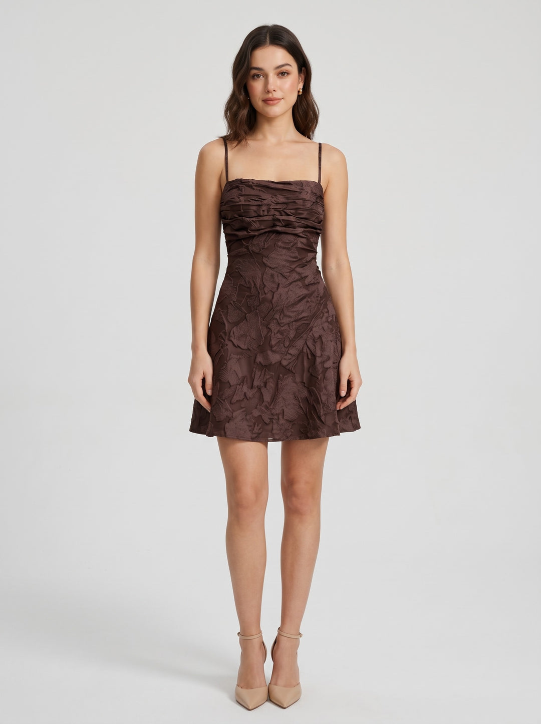 Women's jacquard mini dress with spaghetti straps in brown
