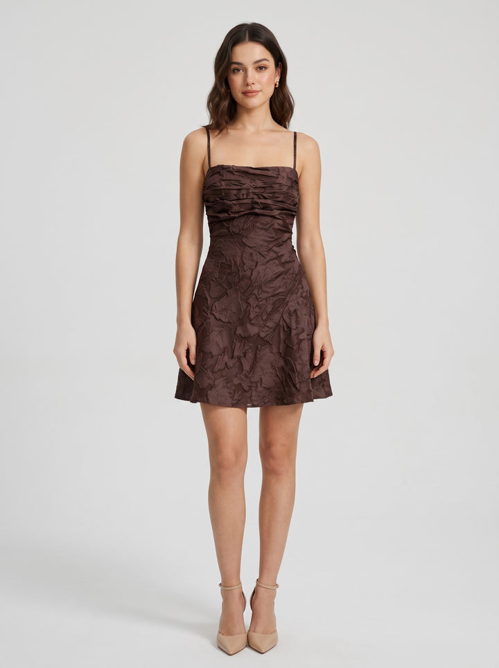 Women's jacquard mini dress with spaghetti straps in brown