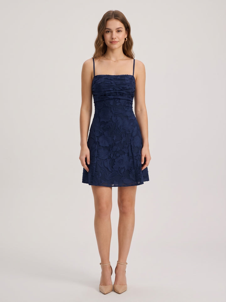 Women's jacquard mini dress with spaghetti straps in navy