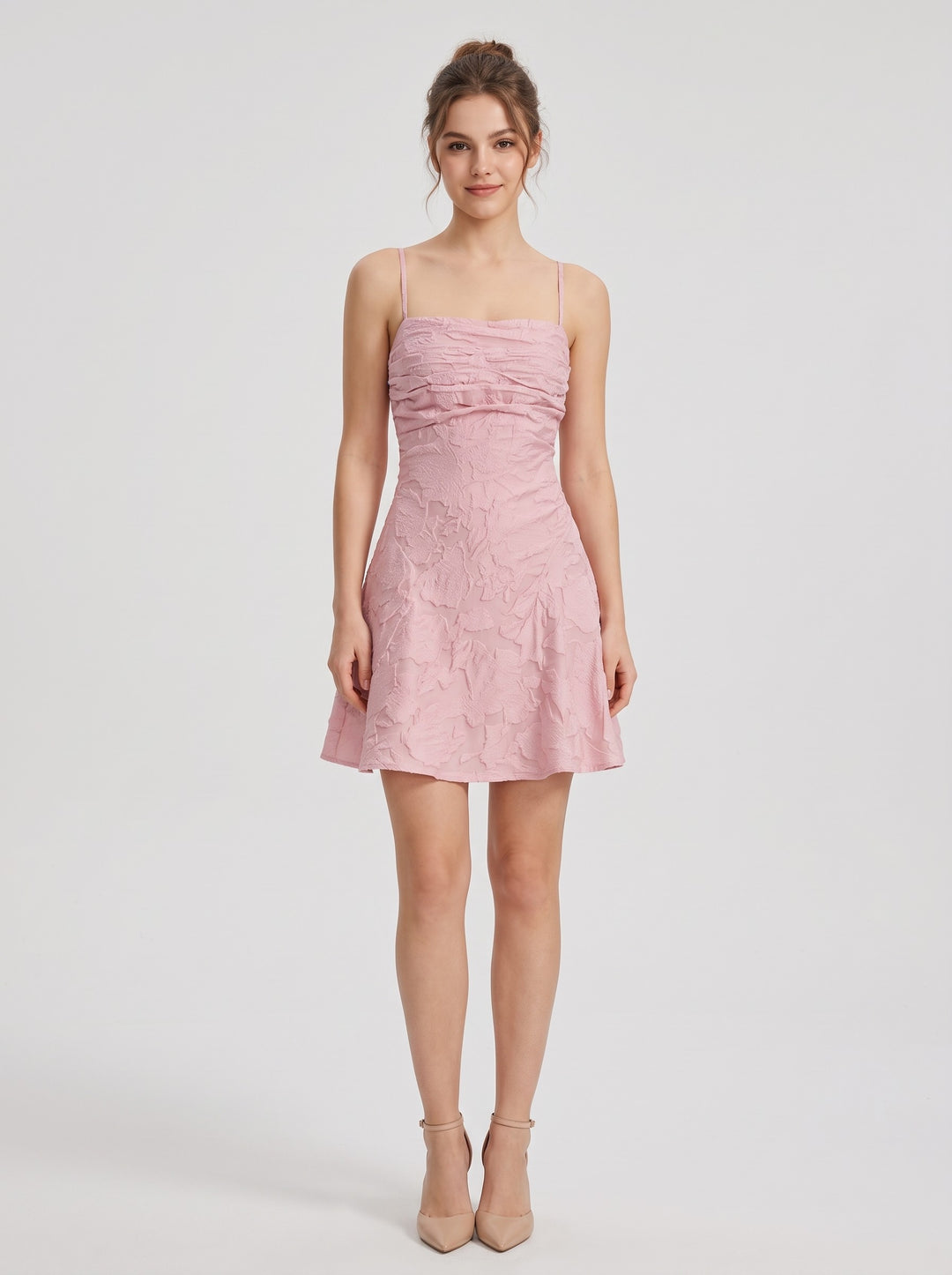 Women's jacquard mini dress with spaghetti straps in pink