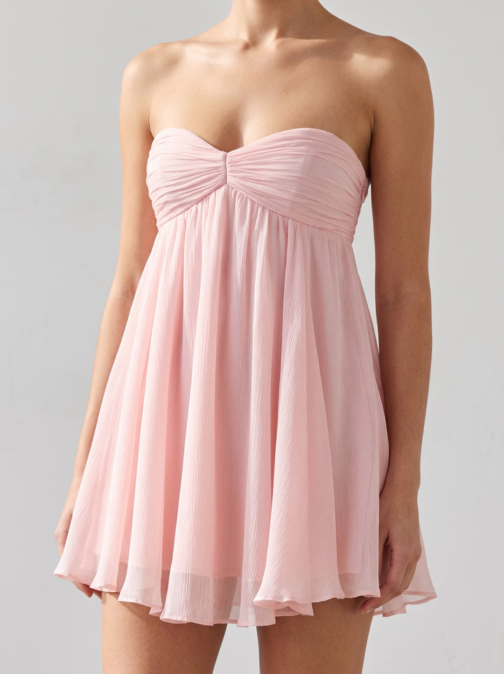 Women's strapless mini dress with ruched bust in pink