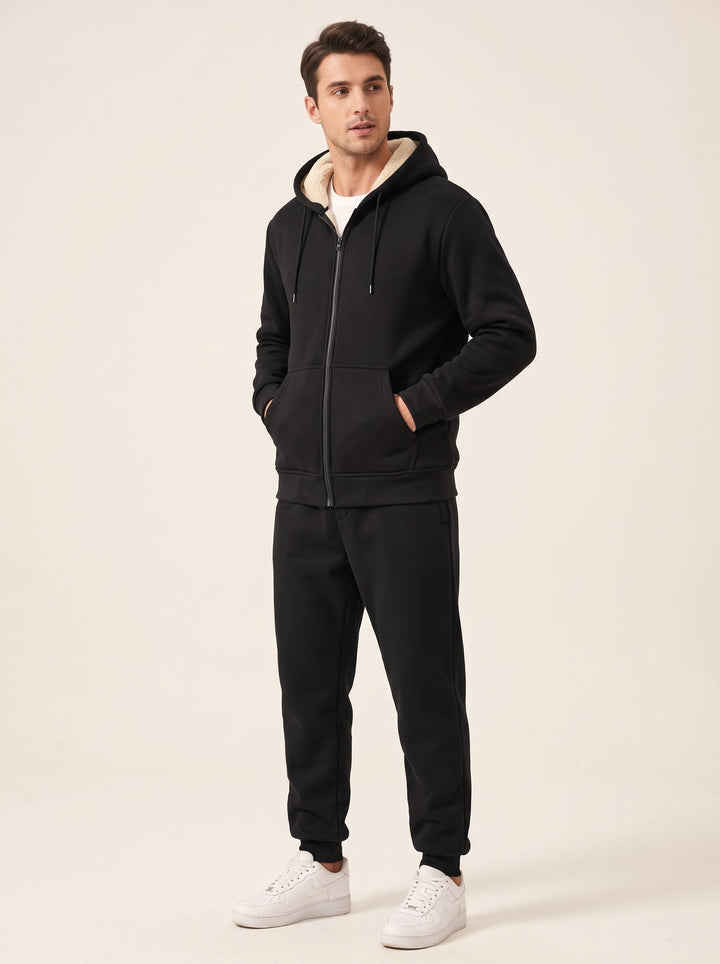 Men's sherpa lined hooded tracksuit set in black