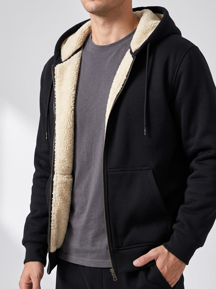 Men's sherpa lined hooded tracksuit set in black