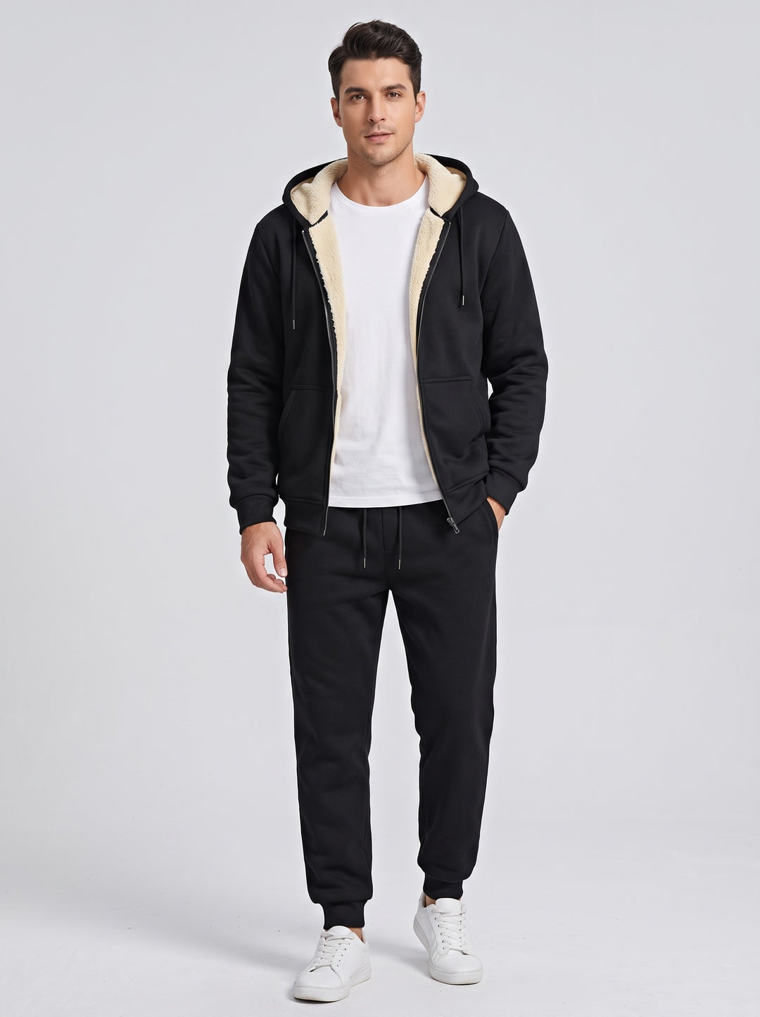 Men's sherpa lined hooded tracksuit set in black
