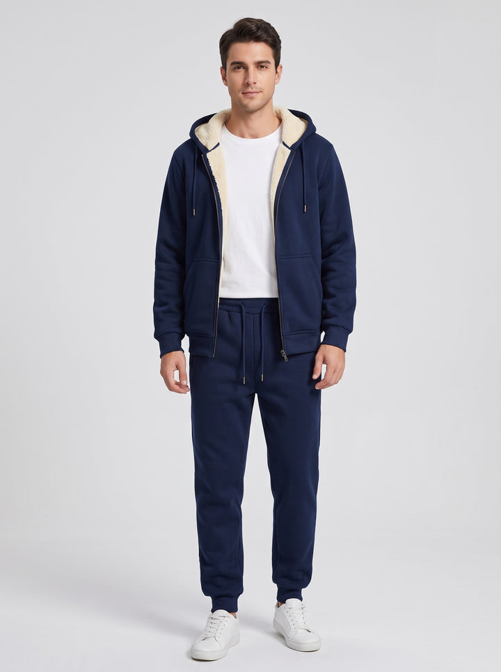 Men's sherpa lined hooded tracksuit set in navy blue