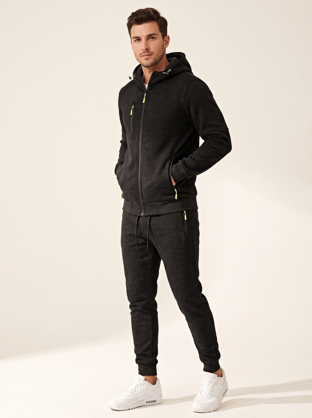 Men's marl hooded zip tracksuit set in black