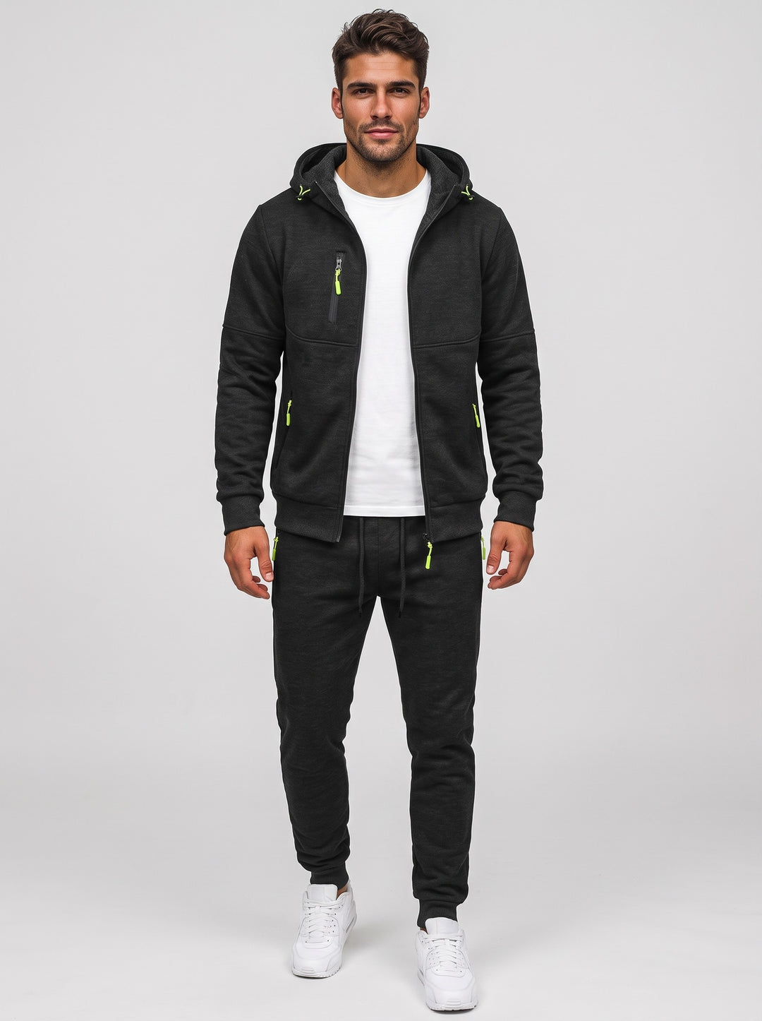 Men's marl hooded zip tracksuit set in black