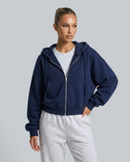 Women's cropped hooded zip-up hoodie with long sleeves and front pockets