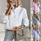 Women's long-sleeve blouse with ruffle neckline and front panel