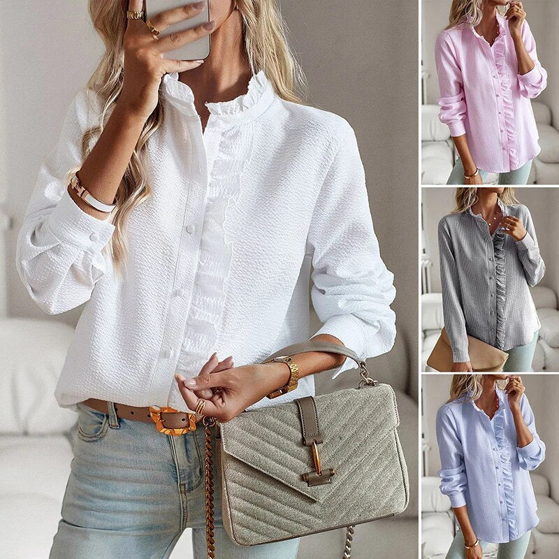 Women's long-sleeve blouse with ruffle neckline and front panel