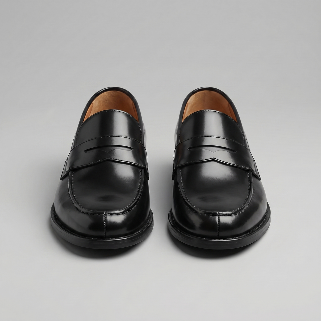 Black men's penny loafers with rounded moc toes and low heels