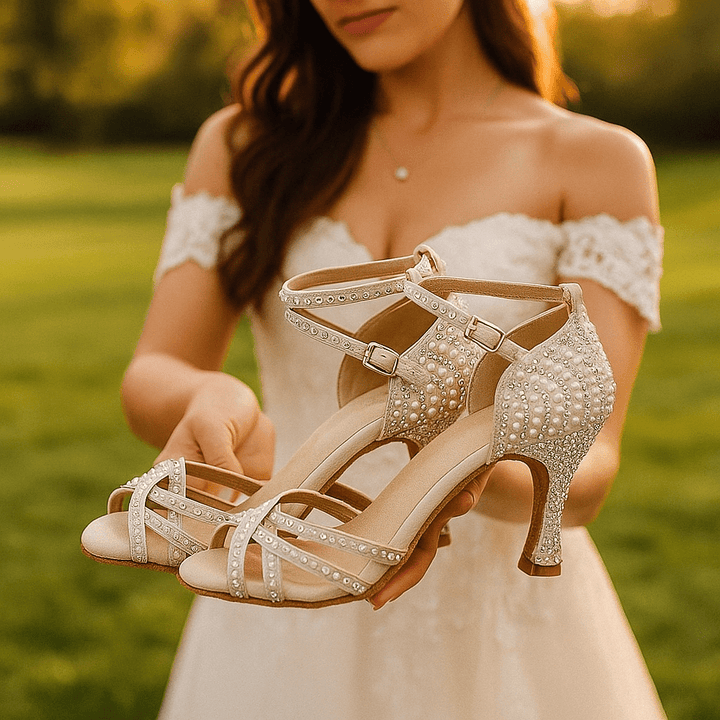 Women's embellished strappy high-heel sandals with ankle buckle