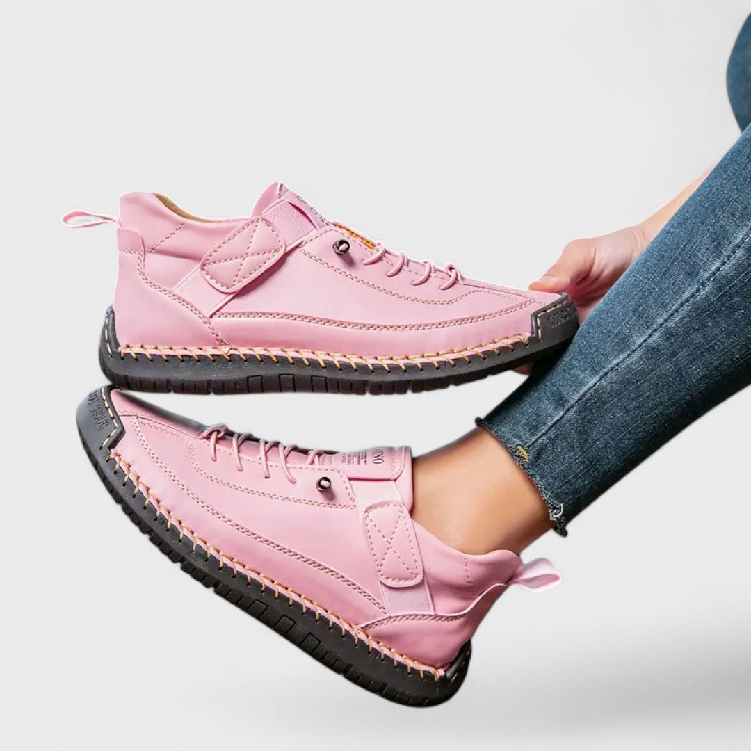Women's lace-up casual sneakers with ankle strap, stitched panels and textured sole
