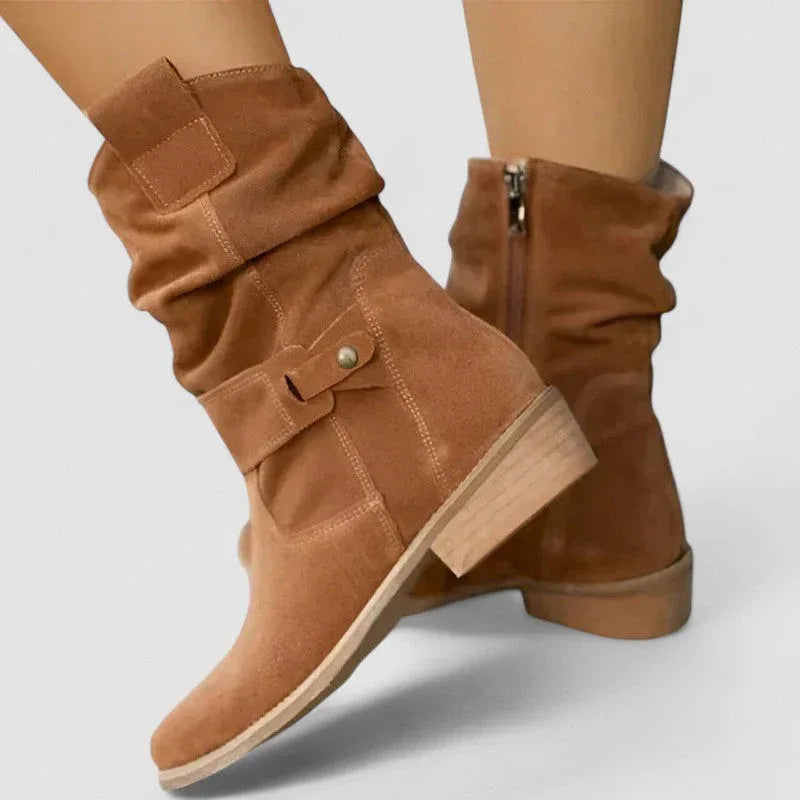 Women's slouch western ankle boots with strap and block heel