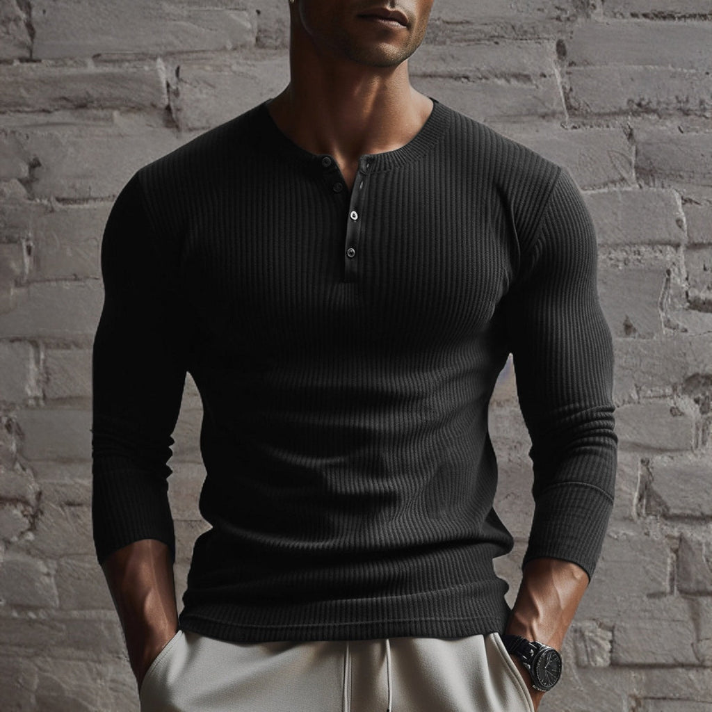 Men's ribbed henley sweater with long sleeves and button placket