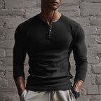 Men's ribbed henley sweater with long sleeves and button placket