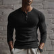 Men's ribbed henley sweater with long sleeves and button placket