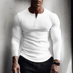 Men's ribbed henley sweater with long sleeves and button placket