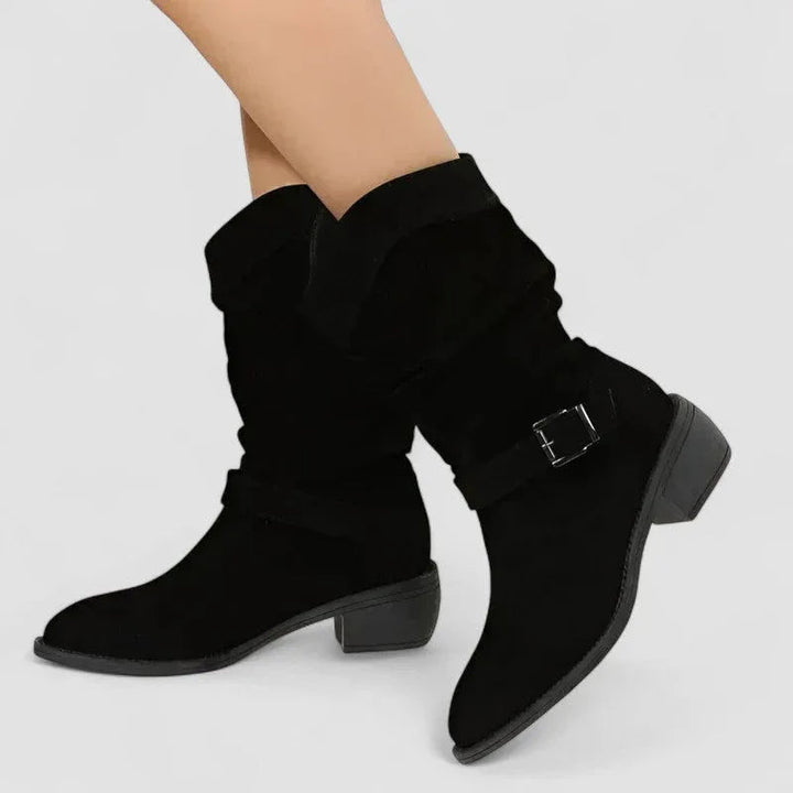 Women's slouch western ankle boots with strap and block heel