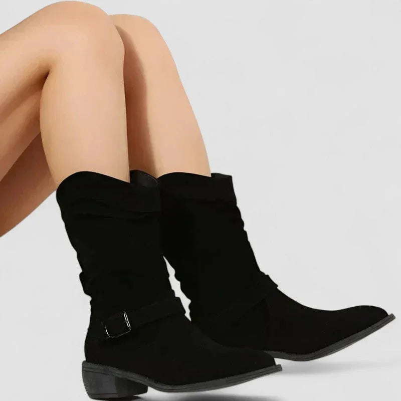 Women's slouch western ankle boots with strap and block heel
