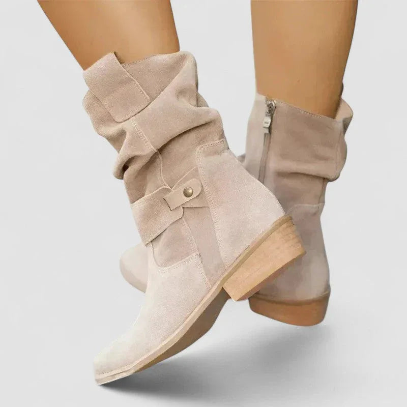 Women's slouch western ankle boots with strap and block heel