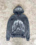 Black zip hoodie with cathedral graphic and hood