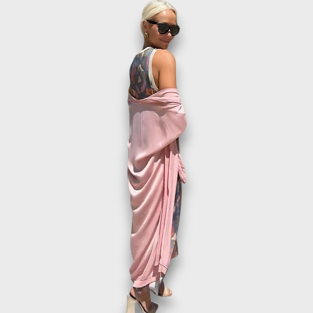 Women's floral maxi dress with long open-front cardigan