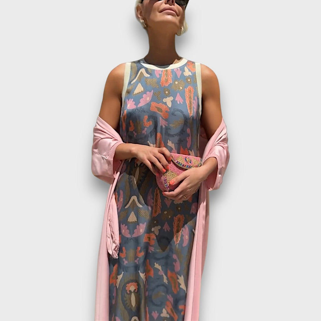 Women's floral maxi dress with long open-front cardigan