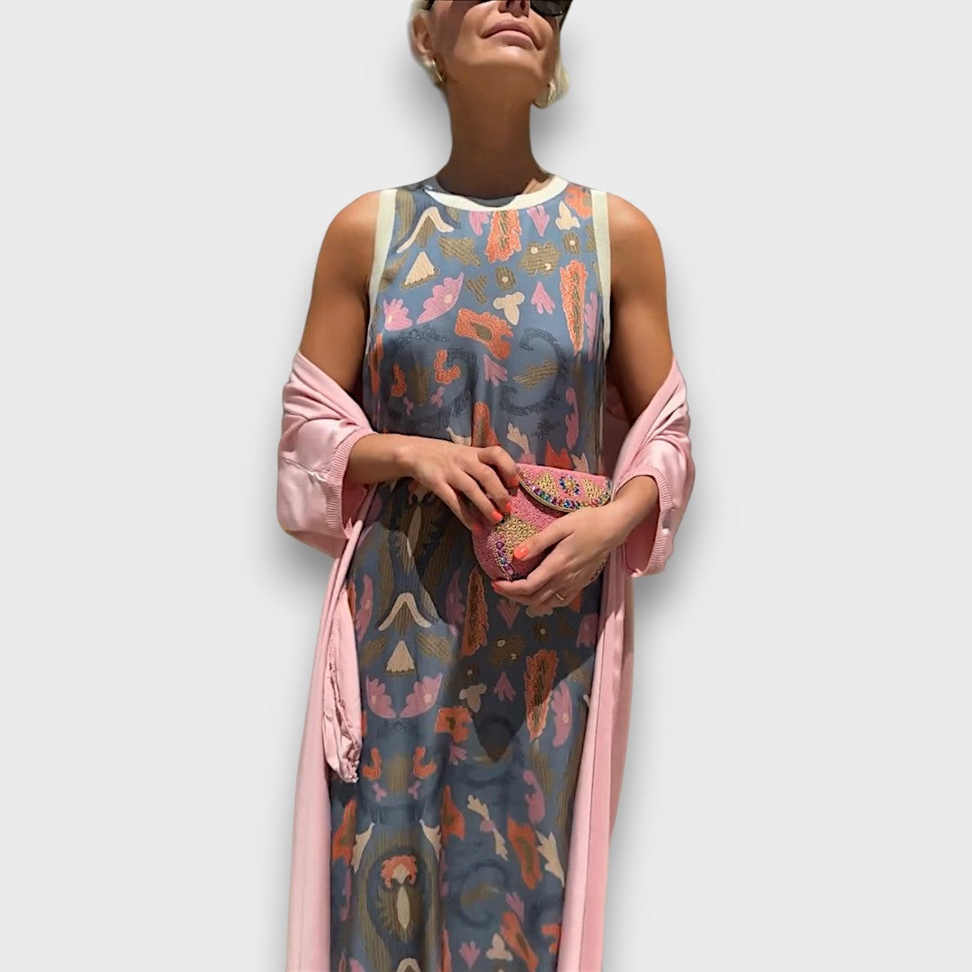 Women's floral maxi dress with long open-front cardigan