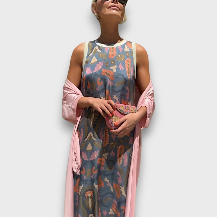 Women's floral maxi dress with long open-front cardigan