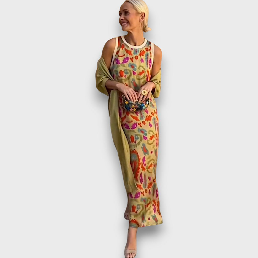 Women's floral maxi dress with long open-front cardigan