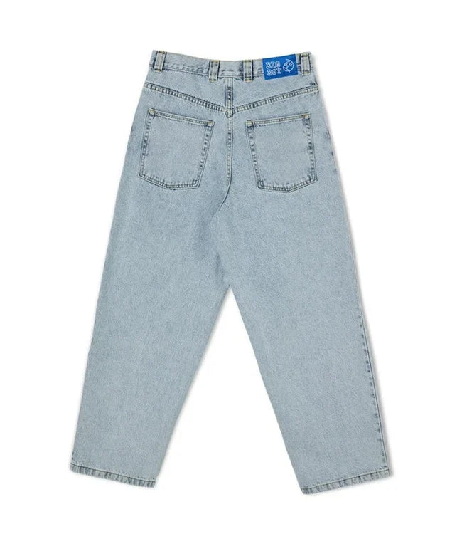Men's baggy wide-leg jeans shown in black and light blue washes